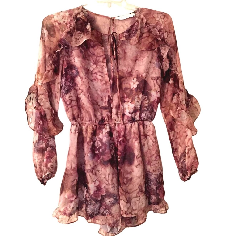 Floral Print Romper Chiffon Ruffle Tie Neck Long Sleeve Women's Size M
